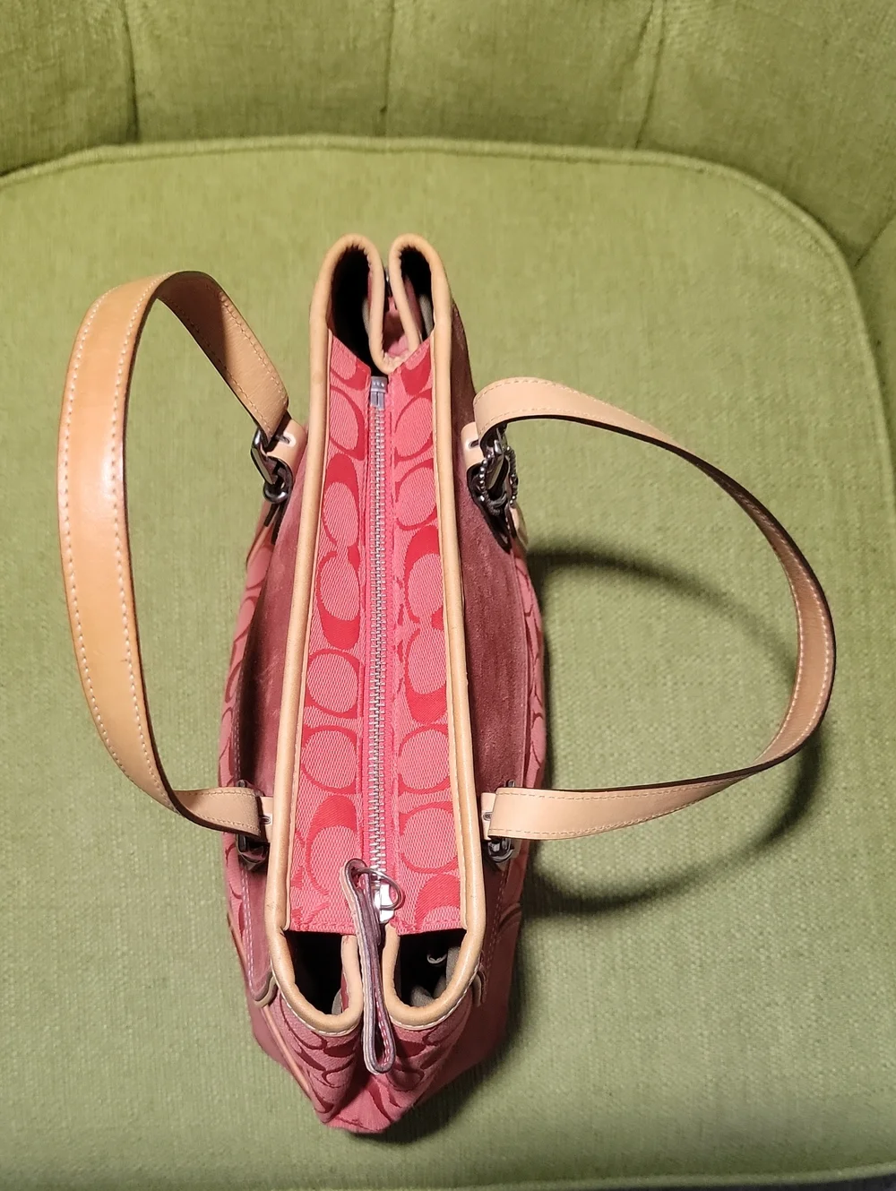 Coach Pink Signature Canvas Shoulder Tote with Beige Leather Trim